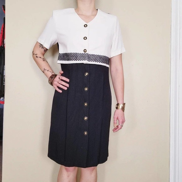 Vintage 80s Black & White Button-up Dress - Picture 2 of 6